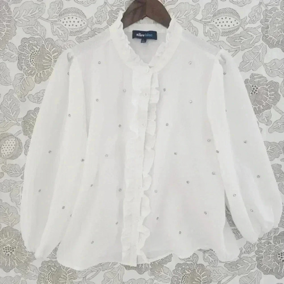 Alice Blue Mock neck‎ Ruffle Long sleeve Button up Rhinestones Blouse L - Picture 1 of 9